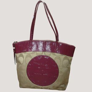 Coach Signature Tote Bag Tan Burgundy Leather Satin Circle Accent Double Handle